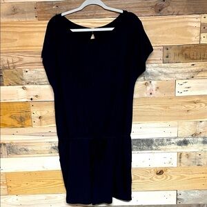 Anrabess size XXL Black Short Sleeve Romper with Pockets and Draw String Waist